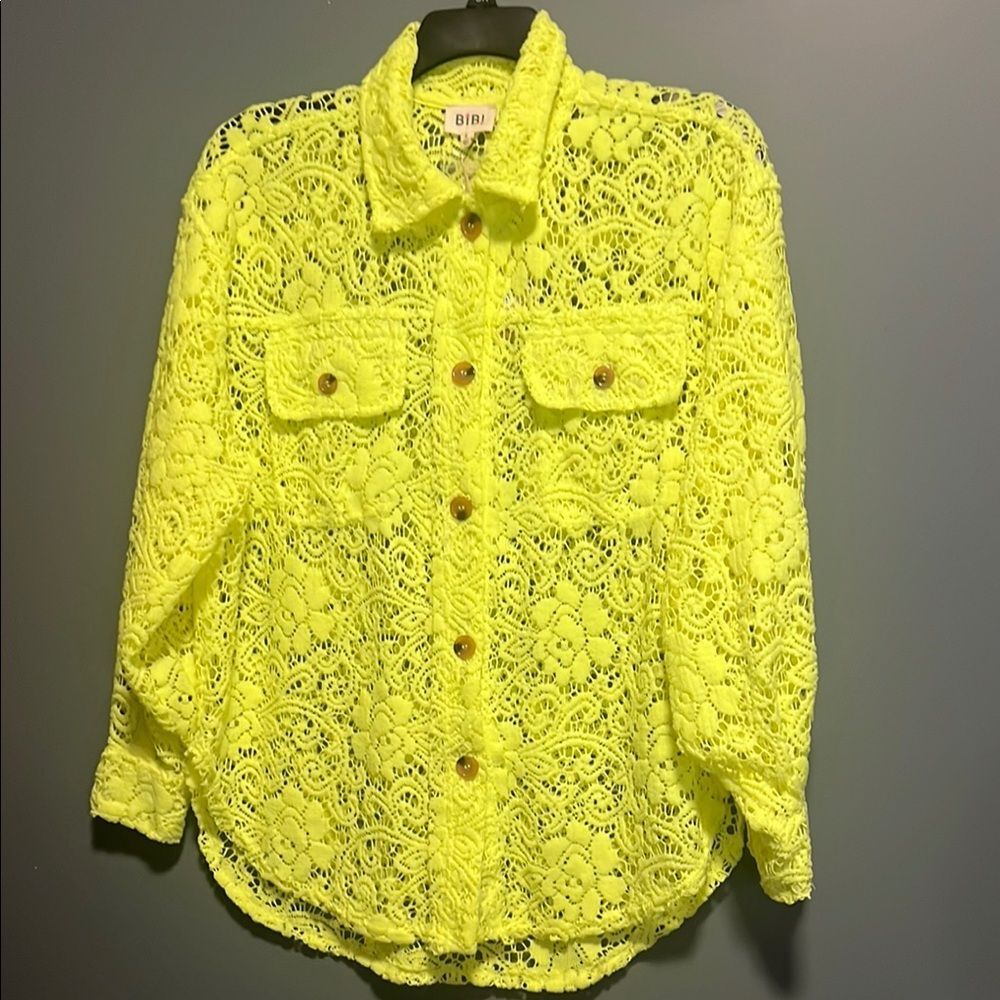 BiBi oversized Neon Yellow Lace Button Down Shirt